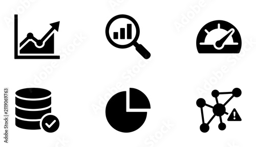 Business Analytics Icons: Growth Chart, Magnifying Glass Data, Speedometer, Database, Pie Chart, Network Alert