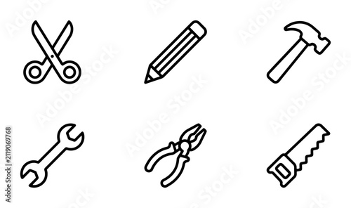 Set of 6 Simple Line Art Icons: Tools, Crafting, DIY, Repair, Construction, Office Supplies