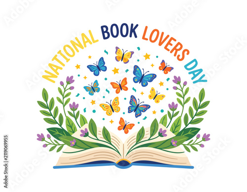 National book lovers day illustration with open book and butterflies
