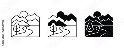 Minimalist Landscape Icons: Mountain, Sun, Tree, River, Path, Set