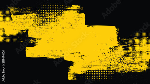 A messy black background painted with yellow brushstrokes in a grunge style, along with halftone dots.