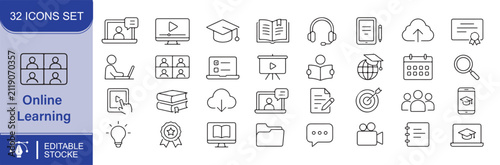 Fotografía 32 Online Learning Vector Outline Icons Set – E-Learning, Distance Education, Vi
