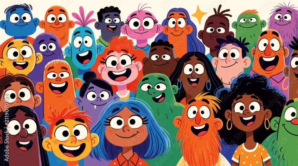 Fototapeta premium Diverse group of smiling cartoon characters in vibrant colors. People with different skin tones, hairstyles gather together. Illustration represents community unity, diversity in cheerful, playful