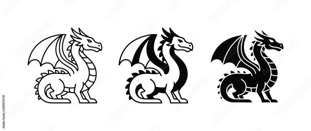 Fototapeta premium Dragon Icons Set, Mythical Creature Vector Graphics, Fantasy Beast Silhouettes for Design