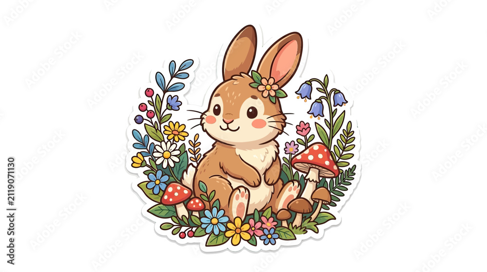 Obraz premium Cute Bunny Surrounded by Flowers and Mushrooms