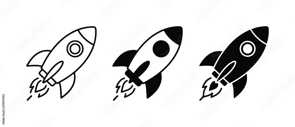 Fototapeta premium Rocket Icons, Spacecraft Symbols, Launch Graphics. Set of 3 Vector Illustrations.