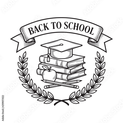 Graduation cap books apple and pencil sketch with laurel wreath