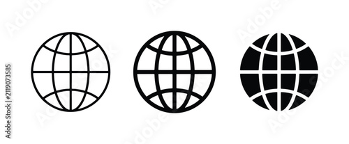 Global Network Icons, World Wide Web Symbols, Internet Connection Graphics. Set of three globe icons in outline, filled, and solid black styles for digital communication and technology concepts.