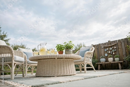Cozy Outdoor Patio with Wicker Furniture and Lemonade