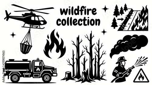 Принти на полотні collection of wildfire disaster elements featuring forest fires smoke flames bur