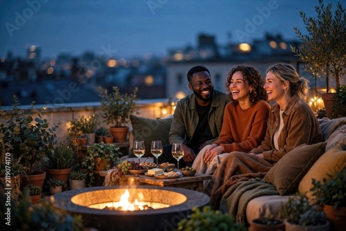 Friends relaxing on rooftop terrace by fire pit at night