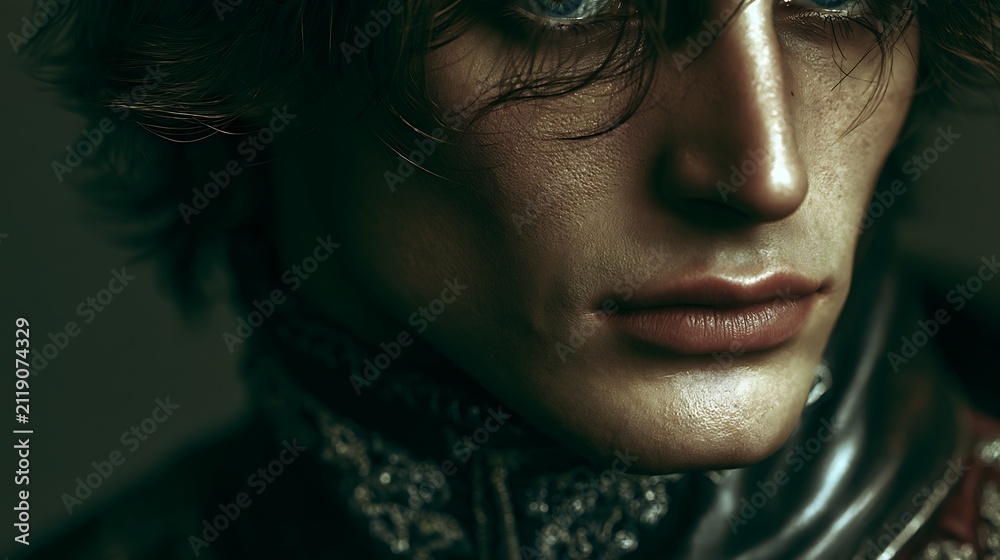 Fototapeta premium Prompt: A dark Renaissance close-up portrait of a severe young prince. His irises are perfect spheres of warped spacetime, bending the candlelight on his skin into circular rings. He wears a 