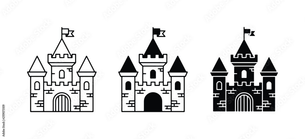 Fototapeta premium Castle Icons Set: Medieval Fortress, Royal Palace, Fantasy Landmark, Vector Graphics for Fairytale and History Projects