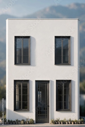 Modern White Residential Building with Four Windows and Central Door