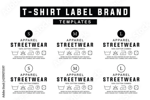 Canvastavla Set of six streetwear t-shirt clothing label templates with size indicators and