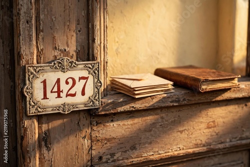 Vintage House Number Plate '1427' on Weathered Wooden Door