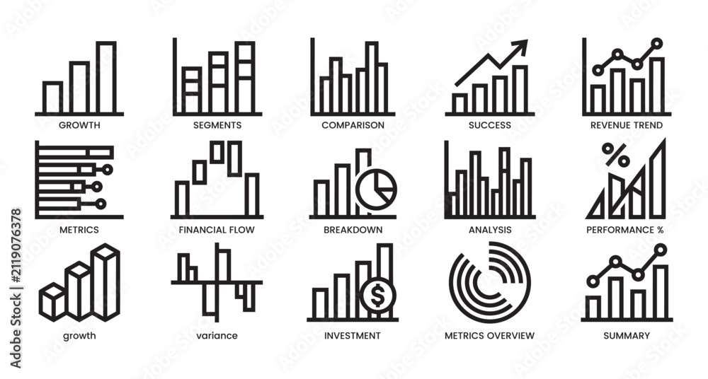 Obraz premium A comprehensive collection of fifteen thin line style business chart and graph icons representing financial data analysis statistics and corporate performance metrics