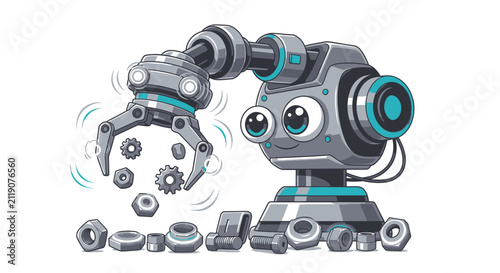 Cute robot repairing mechanical parts on workbench