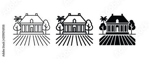 Plantation House Icons, Southern Estate Vector Graphics, Rural Farmhouse Set