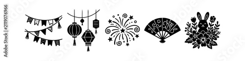 Black silhouette icons for Chinese New Year featuring lanterns, fireworks, folding fan, and rabbit floral arrangement.