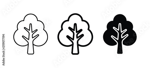 Simple Tree Icons: Outline, Filled Outline, and Solid Black Vector Graphics for Nature and Ecology Themes