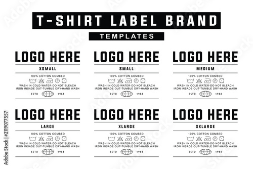 Set of six t-shirt clothing label templates with size indicators and laundry care instructions