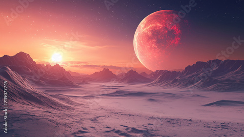 Sci-fi landscape of an alien desert planet with rocky mountains at sunset. A massive glowing red moon or gas giant planet rises over the horizon in a starry sky. Futuristic digital illustration.
