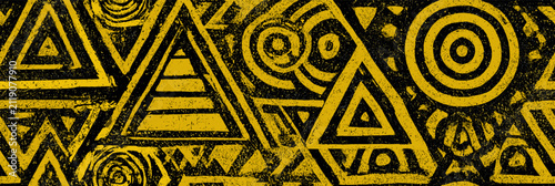 African tribal seamless pattern with repetitive geometric gold shapes. Seamless tribal pattern reflecting African art with geometric golden shapes on a dark background