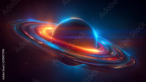 Futuristic gas giant planet like Saturn with glowing neon rings in deep space. Abstract cosmic background with vibrant orange, red, and blue light streaks, stars, and digital fantasy illustration.
