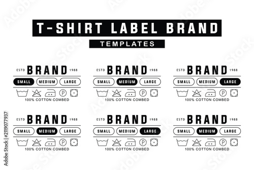 Set of six minimalist t-shirt clothing label templates with care instructions and size options