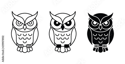 Three Stylized Owl Icons, Vector Set: Outline, Filled, and Silhouette Designs for Wildlife and Nature Graphics