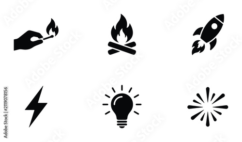 Energy and Innovation Icons: Fire, Rocket, Lightbulb, Electricity, Spark, Match Set