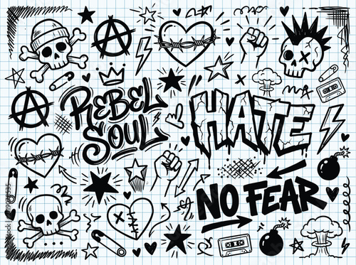 Fotografie Punk rock doodle set with skulls and anarchy symbols