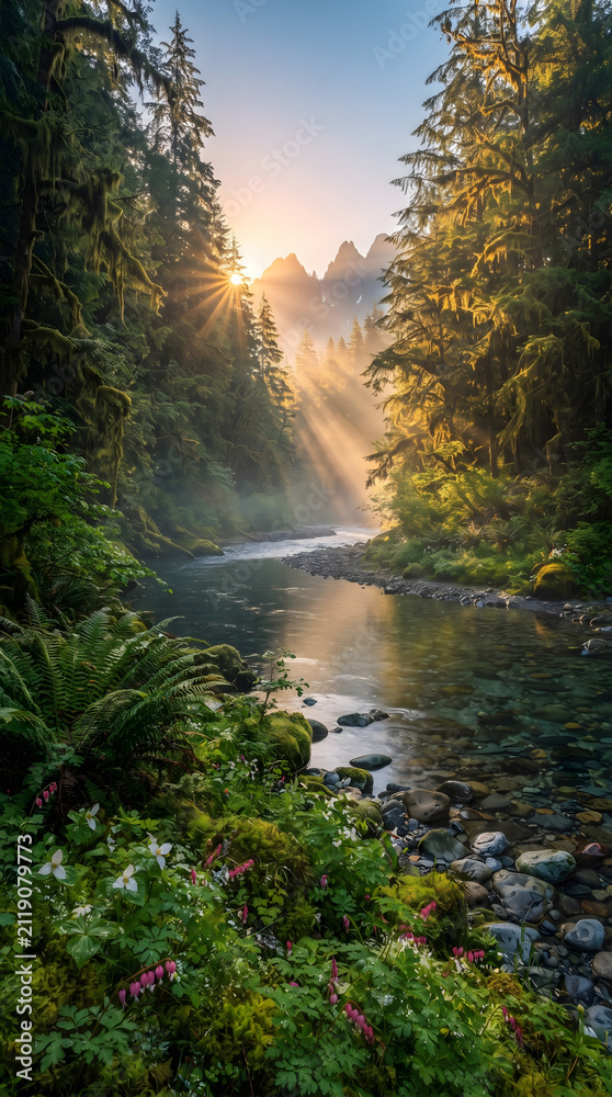 Fototapeta premium Golden sunrise over tranquil river flowing through lush evergreen forest with misty light rays hitting clear water and blooming wildflowers in morning mountain wilderness landscape scenic view