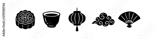 Set of black and white Chinese cultural icons: mooncake, tea cup, lantern, auspicious cloud, and folding fan. Ideal for Mid-Autumn Festival, Lunar New Year, and Asian-themed graphic designs.