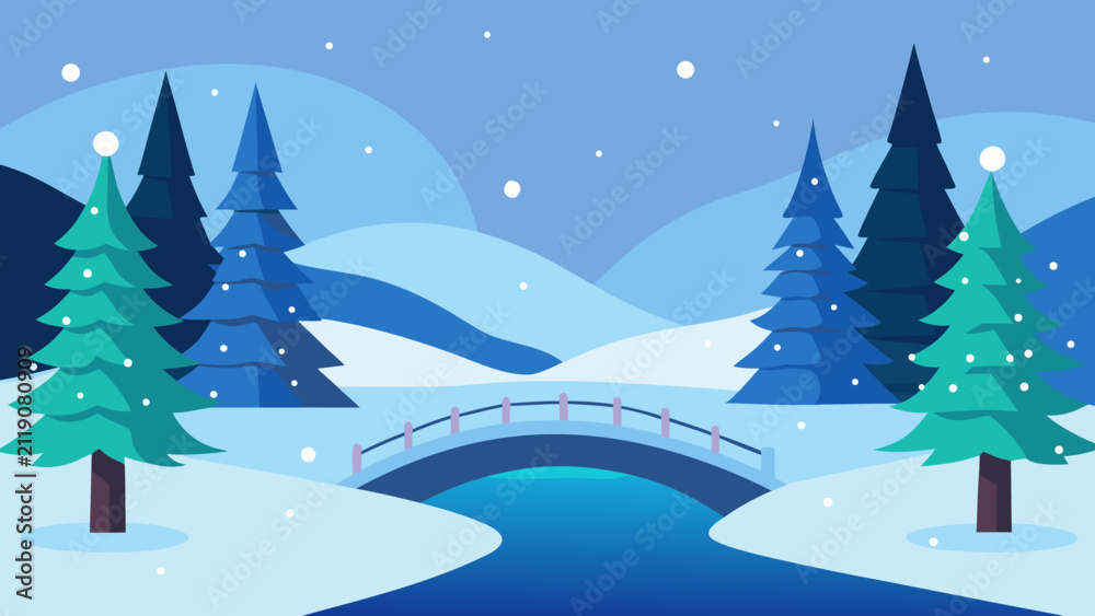 Obraz premium Frozen River Christmas Forest Flat Vector Illustration