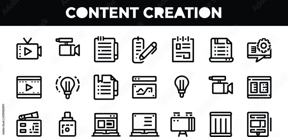 Fototapeta premium Content vector icon set for digital media production