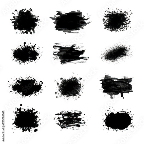 Set of black ink brush strokes and paint splatters
