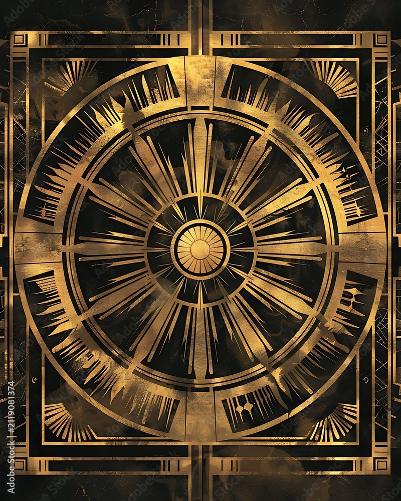 Obraz premium Art Deco Radiance: A Golden Geometric Composition with a Vintage Aesthetic and Striking Circular Symmetry.