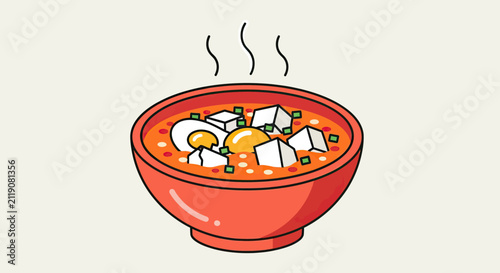 Фотография A warm, hearty soup with eggs, tofu, and greens in a red bowl