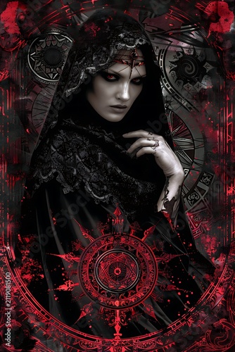 Enigmatic woman in dark attire with intricate red patterns, evoking a sense of mystery and gothic elegance.