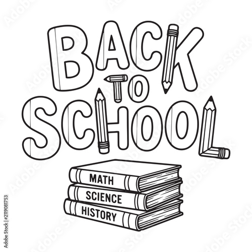 Back to school lettering with stacked books black and white vector illustration