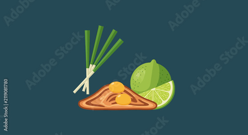 Bild auf Leinwand Abstract food elements green onions, egg yolks on toast, and lime