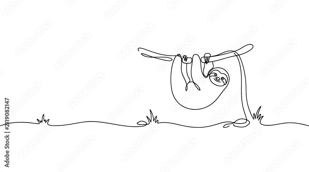 Fototapeta premium Continuous line drawing of a cute sloth hanging on a tree branch