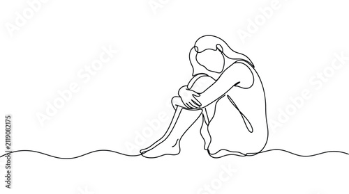 Fotografía Continuous line drawing of a woman sitting and hugging her knees