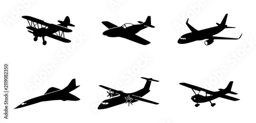 Aircraft Silhouettes Set: Vintage Biplane, Propeller Plane, Jetliner, Fighter Jet, Turboprop, Small Plane