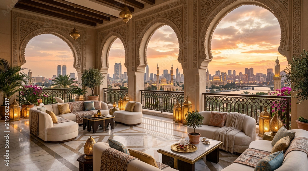 Obraz premium Luxury Arabian balcony lounge with city skyline and sunset