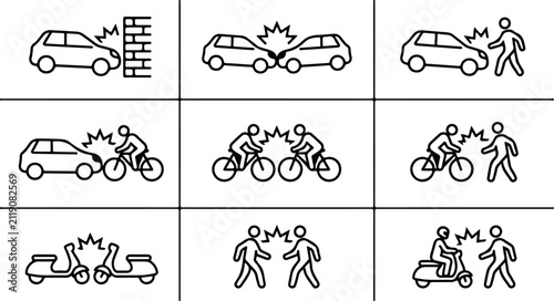 A collection of black and white line art icons representing various types of road traffic accidents involving cars bicycles pedestrians and scooters in urban settings