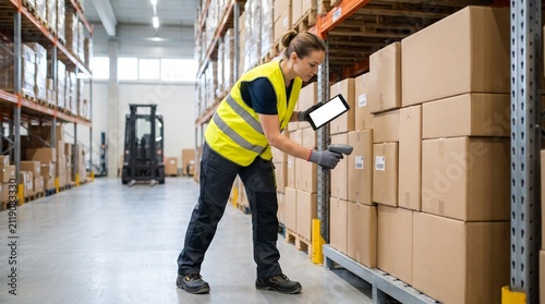 Warehouse Employee Performing Inventory Cycle Count with Handheld Barcode Scanner and Tablet in Modern Distribution Center