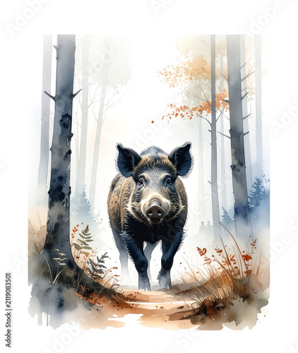 Illustration of a wild boar in the forest